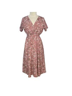 Suvimuga Floral Midi Dress Short Sleeves Large‎ Pink Vneck Summer Boho